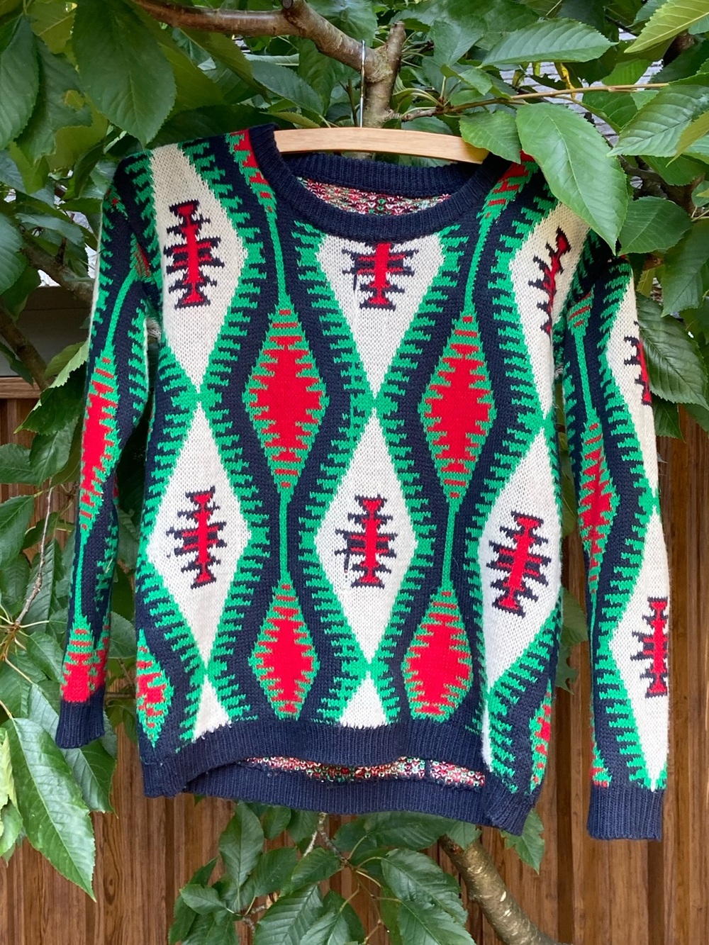 Crewneck Patterned Women's Sweater in Green, Red & Cream